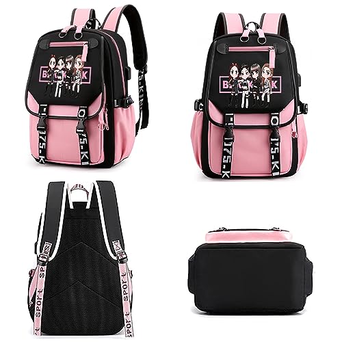 PALAY® Black Pink Bag for Girls School with USB Cable Jack Cute Backpacks Idol Print Design Laptop and Casual Student Accessories That Hold 16.8 Inch Books 2 PCS PALAY® Black Pink Bag for Girls School with USB Cable Jack Cute Backpacks Idol Print Design Laptop and Casual Student Accessories That Hold 16.8 Inch Books 2 PCS
